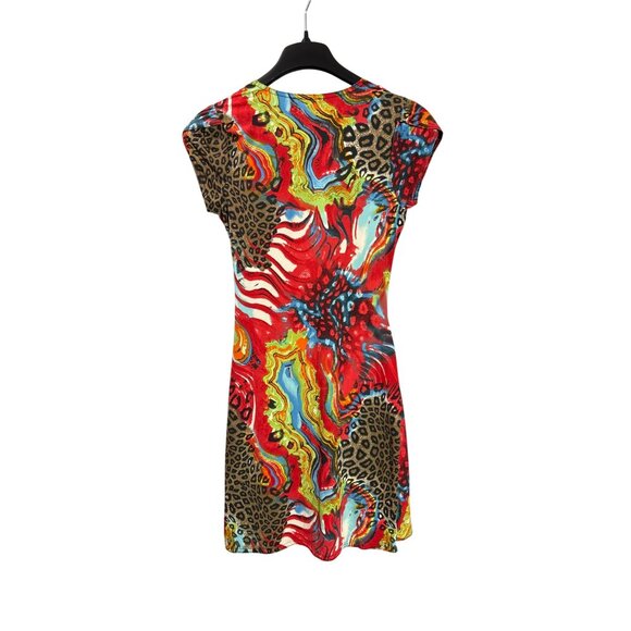 Vintage Y2K Tricotto Leopard Abstract Print Midi Dress S Ruched Ruffle Detail - Picture 4 of 9